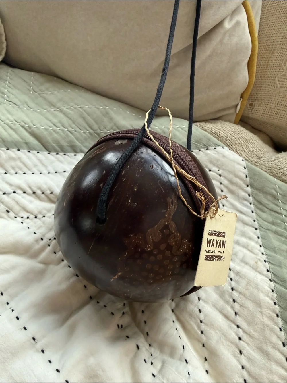 NWT WAYAN Coconut Shell Crossbody Coco Bag Handmade Boho Batik Artisan Purse